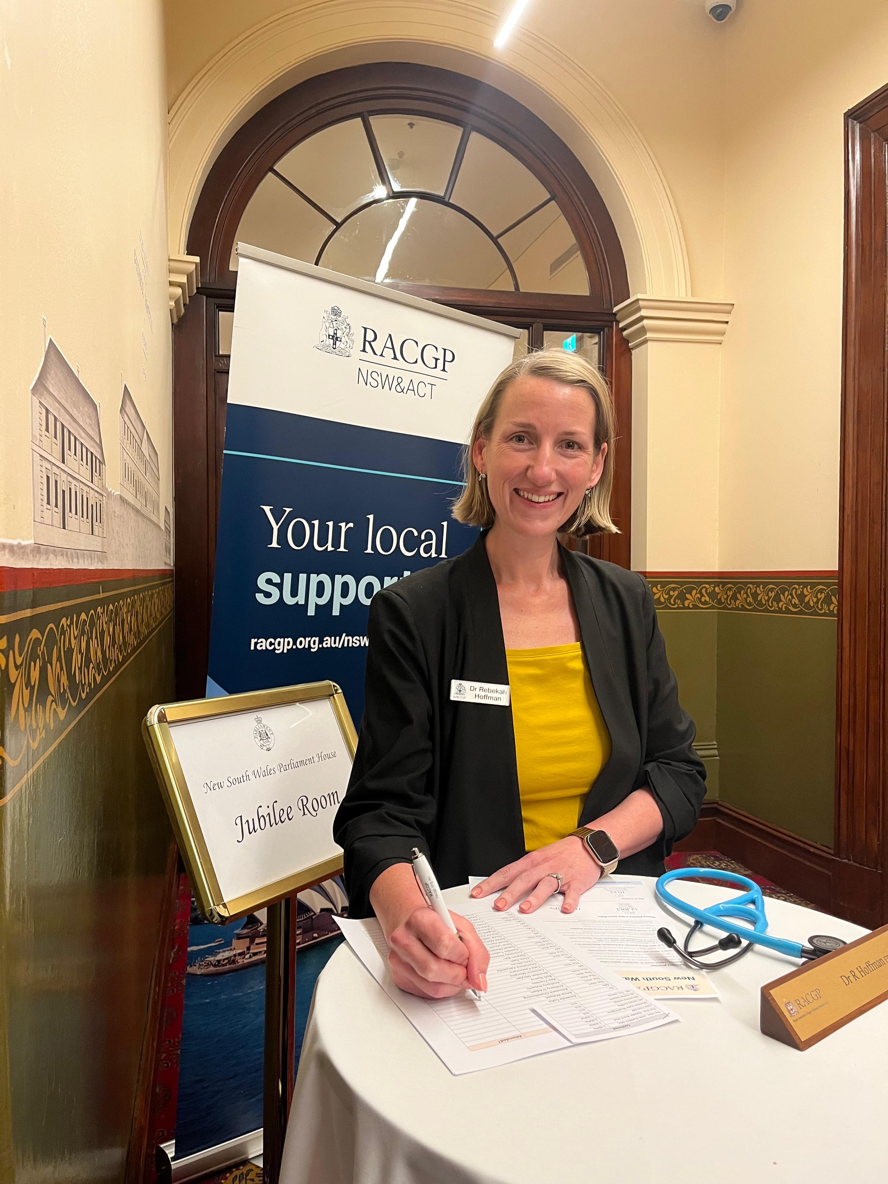 Dr Rebekah Hoffman at NSW Parliament House Jubilee Room for an RACGP NSW&ACT advocacy event