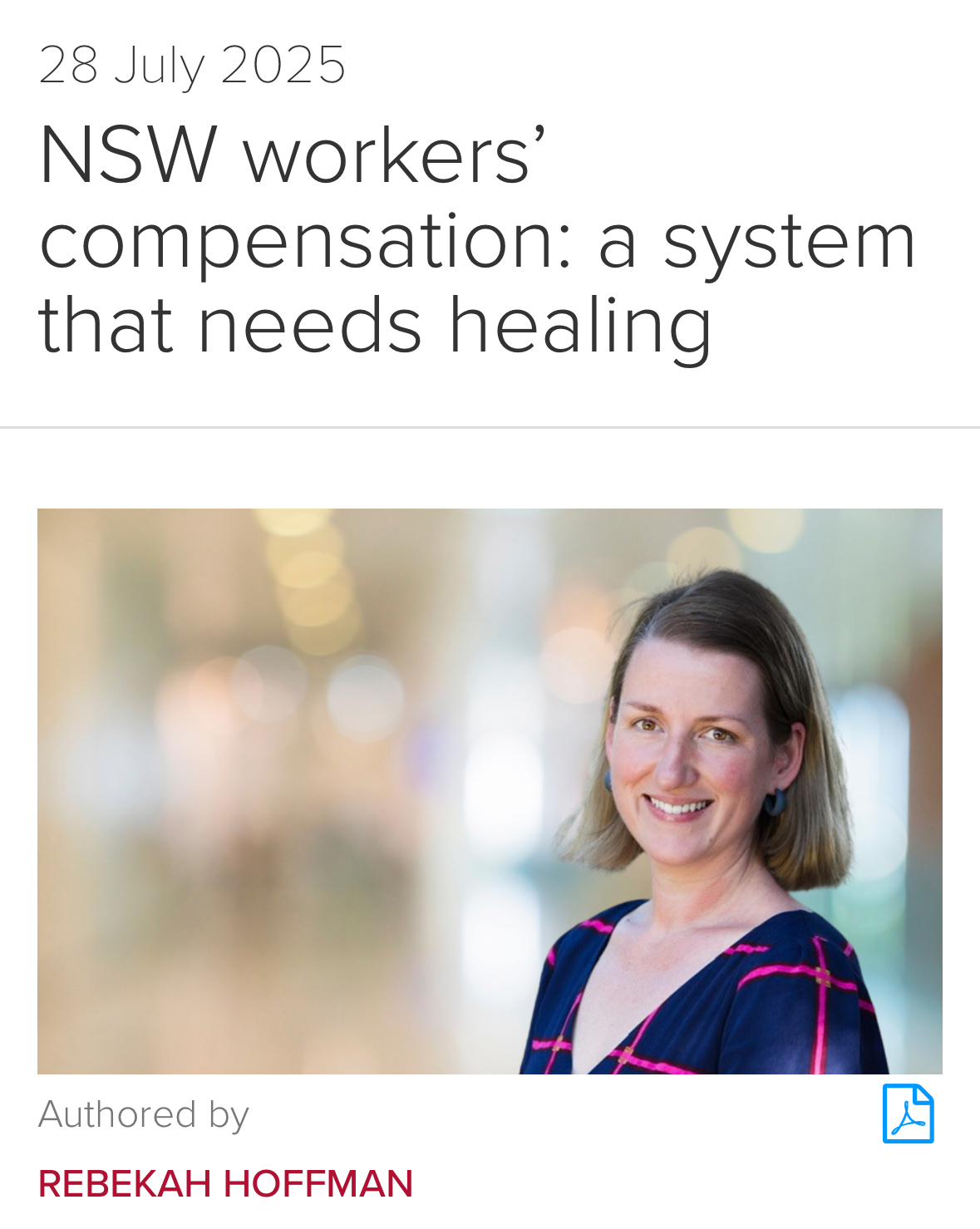 NSW workers compensation article authored by Rebekah Hoffman, 28 July 2025